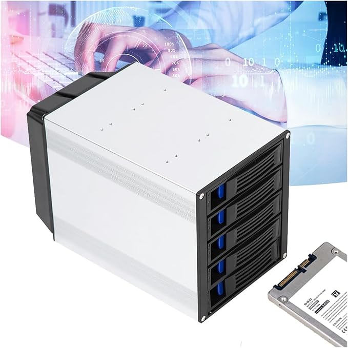 5 Bay Hard Drive Enclosure, Vertical External Hard Drive Docking SATA HDD SSD, Aluminum Alloy Drive Case Support, Power Adapter