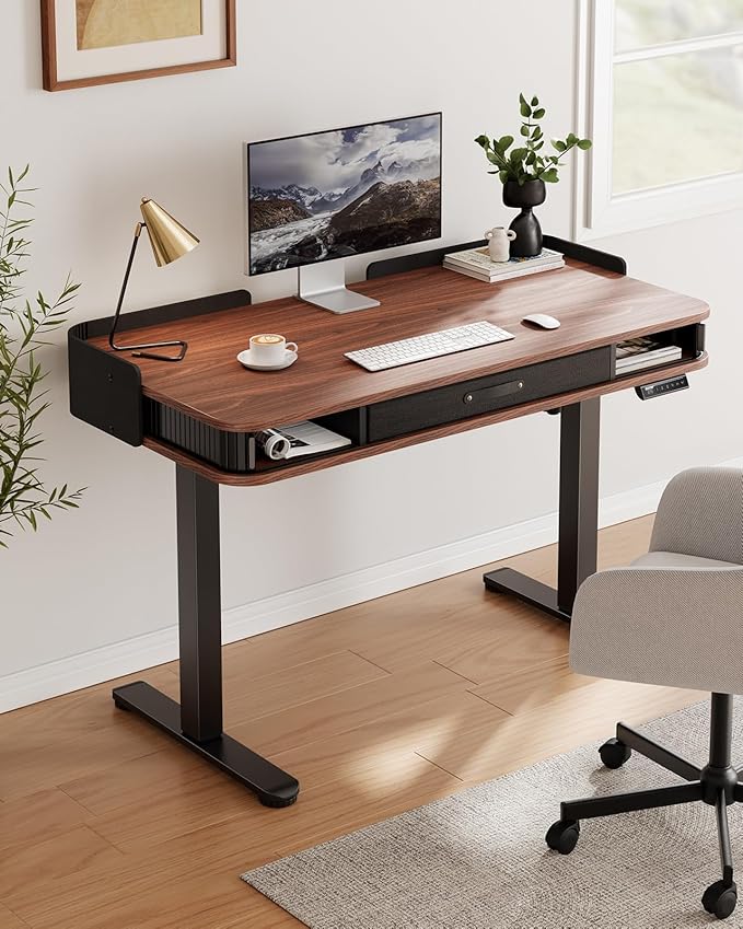 Marsail Standing Desk, Whole-Piece Desktop Computer Desk, 48 x 24 Inches Adjustable Desk with 3 Drawers, Home Office Desks with 3 Memory Preset