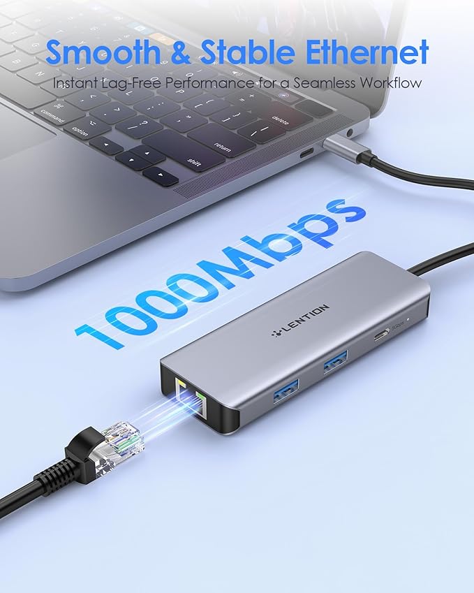 LENTION 6-in-1 USB C Hub with Gigabit Ethernet, 4K@60Hz HDMI, 100W PD Fast Charging, 3X USB 3.0 Docking Station for MacBook Pro/Air/Neo, Dell XPS, HP and More, Aluminum USB-C Adapter (C26, Space Gray)