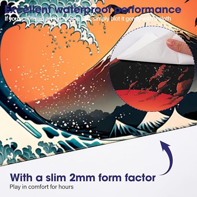 Japanese Sea Wave Large Gaming Mouse Pad – 35.4" x 15.7" Full Desk Mat, Non-Slip Rubber Base, Stitched Edges, Waterproof, Durable Surface for Esports, Office, Home