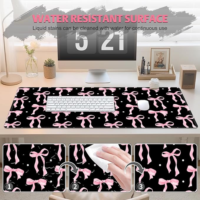 Desk Pad for Keyboard and Mouse, Large Mouse Pad for Desk, Non-Slip Keyboard Mat, Computer Mats for Desk, Cute Desk Pad with Stitched Edges for Office, Gaming I Black Pink Bow