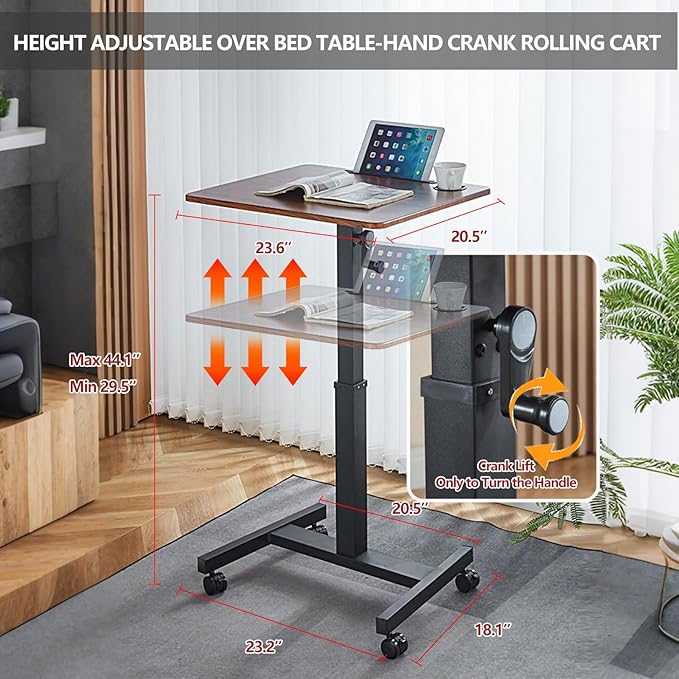 Mobile Standing Desk,Height Adjustable Overbed Bedside Table with Wheels&Cup Holder,Hand Crank Sit Stand Desk and Laptop Cart,Computer Workstation for Home Office Classroom Hospital (Manual Walnut)