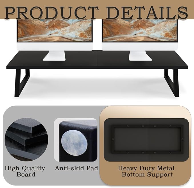 TEAMIX 31.5 inch Dual Monitor Riser, Long Black Monitor Stand Riser Wide TV Stand Riser Monitor Stand for 2 Monitors Wood & Steel Desktop Riser Desk Organization Home Office