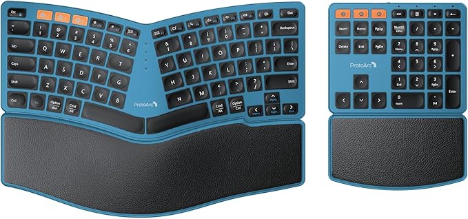 ProtoArc Bluetooth Ergonomic Keyboard, Wireless Split Keyboard with Separate Number Pad, Dual Bluetooth and USB, Hard Wrist Rest, Rechargeable for Windows/Mac/Android - Blue