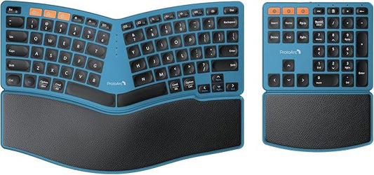 ProtoArc Bluetooth Ergonomic Keyboard, Wireless Split Keyboard with Separate Number Pad, Dual Bluetooth and USB, Hard Wrist Rest, Rechargeable for Windows/Mac/Android - Blue