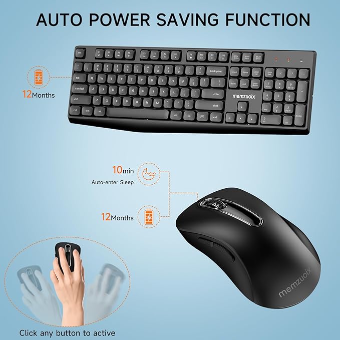 Wireless Keyboard and Mouse Combo, memzuoix 2.4G Full-Size Ergonomic Keyboard Mouse Set, Lag-Free Cordless One USB Receiver for PC, Laptop, Windows, Mac (Black Keyboard + Black Mouse)
