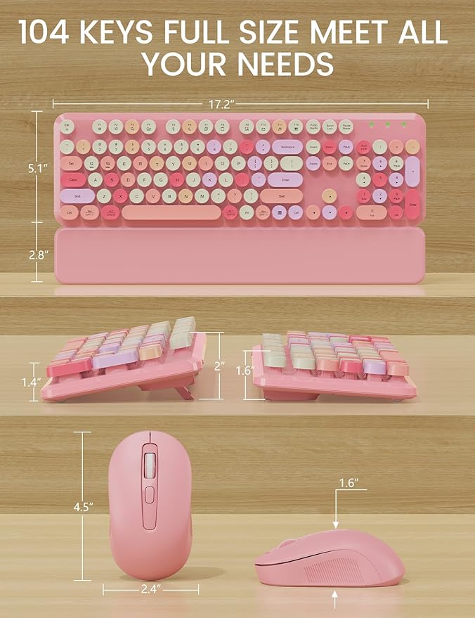 Wireless Keyboard and Mouse Combo, Typewriter Keyboard with Detachable Wrist Rest, Full-Size Retro Round Keycaps, Smart-Sleep, 2.4GHz Stable Connection for Mac/Windows/PC, Trueque(Rose Quartz Pink)
