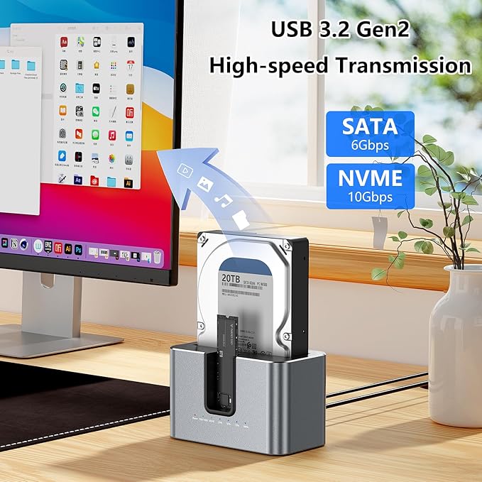 MiliPow Dual Bay Hard Drive Docking Station with Offline Cloning, SATA to NVMe Cloner for 2.5"/3.5" SATA HDD/SSD and M.2 NVMe SSD, UASP Supported, Up to 28TB