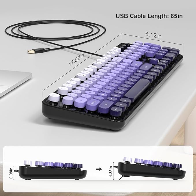 KNOWSQT Wired Computer Keyboard - Blackpurple Colorful Retro Full Size Round Keycaps Plug and Play Typewriter Cute Keyboards for Windows, Laptop, PC, Desktop, Computer