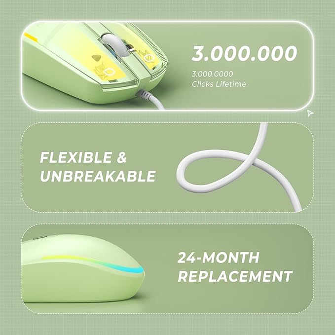 seenda Wired Mouse - USB Computer Mice Wired with RGB Backlit Optical LED Mouse with Attached USB Cord for Laptops Notebooks Chromebook - Green