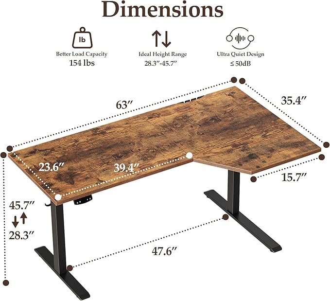 Klicelor 63 Inch L Shaped Standing Desk, Adjustable Height Corner Desk for Home Office Workstation, Sit Stand Desk with Two-Piece Desktop, Rustic Brown