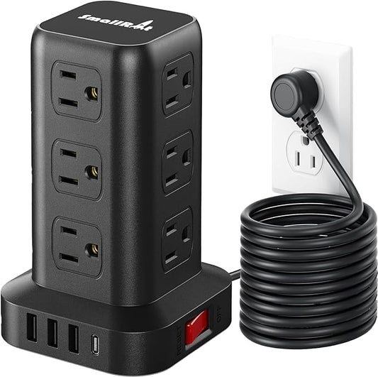 Extension Cord with Multiple Outlets, SMALLRT Surge Protector Power Strip Tower with USB Ports 12 AC Outlets, PD 20W USB C, 15FT Outlet Extender for Home Dorm, Office Supplies, Overload Protection