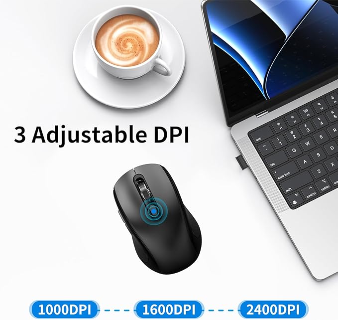Wireless Mouse Ergonomic, Side Buttons Mouse, 2400 DPI, Silent and Anti Slip Roller Cordless Mice, 2.4Ghz with USB Receiver, 6 Buttons, Suitable for Laptop PC Chromebook and Windows 11/10/7 - Black