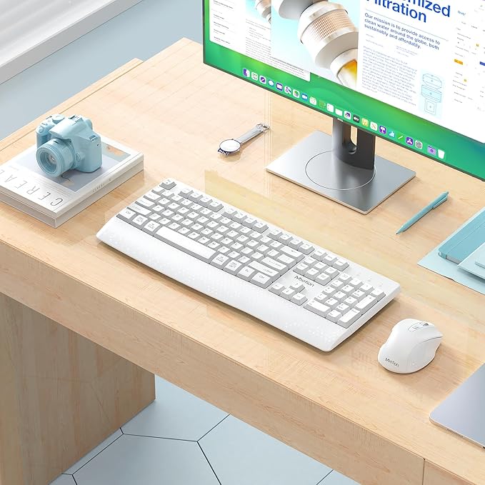 MEETION Wireless Keyboard and Mouse White, 2.4G USB Receiver Plug-and-Play, Computer Keyboard with Wrist Support, 3 Level DPI Mouse, Long Time Lasting Battery for PC/Mac/Windows/Laptop, White