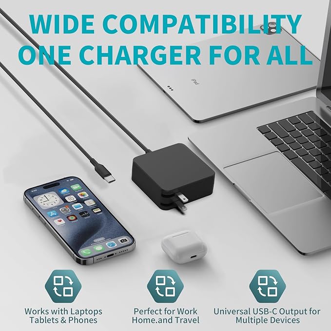 65W USB C Laptop Charger for Home, Office & Travel, Type C Adapter Compatible with MacBook Air/Pro, Dell XPS/Latitude, Lenovo ThinkPad, HP Spectre/Envy, Huawei MateBook and More