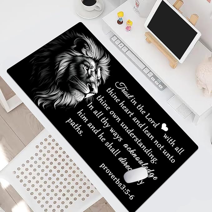 HVEST Lion Christian Mouse Pad, Inspirational Desk Mat,XXL Large Mouse Pad for Computer Keyboard Laptop, Mousepad with Non-Slip Rubber Base and Stitched Edge for Game, Office, Home 31.5'' x 15.7''