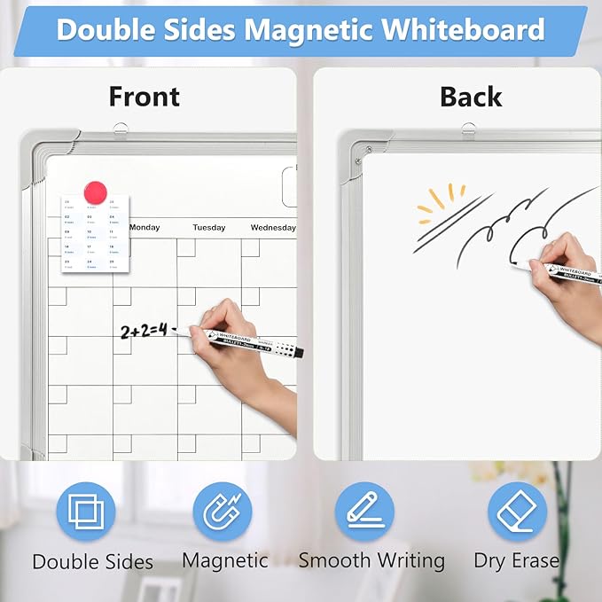 Double-Sided White Board Calendar, 16" x 12" Dry Erase Calendar Small Whiteboard Calendar for Wall Magnetic Hanging Calendar Whiteboard for Drawing, Kitchen, Planning, Memo, Home, Office