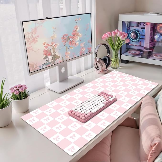 HVEST Pink Checkered Mouse Pad Cute Bow Desk Mat XXL Large Gaming Mouse Pad for Computer Keyboard Laptop, Mousepad with Stitched Edges, Home Office Desk Accessories for Girl Women 31.5'' x 15.7''