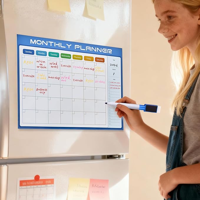 Magnetic Calendar for Refrigerator, 16" X 12", Large Fridge Whiteboard Calendar Dry Erase, Reusable Magnet Monthly Planner for Busy Moms,Family (Blue)
