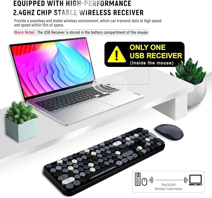 Wireless Keyboard and Mouse Combo, Retro Typewriter Style Bubble Keyboard with Round Keycaps, 2.4GHz Full Size Mixed Color Aesthetic Keyboards and 3 DPI Mouse Set for PC Laptop Desktop - Black Grey