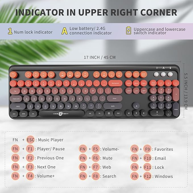 Wireless Keyboard Mouse Combo,Typewriter Cute Retro Style,104 Round Key Colorful Keyboard with Number Pad,Letton Full Size Keyboard Mouse with 3 DPI for PC Laptop Computer-Black Orange