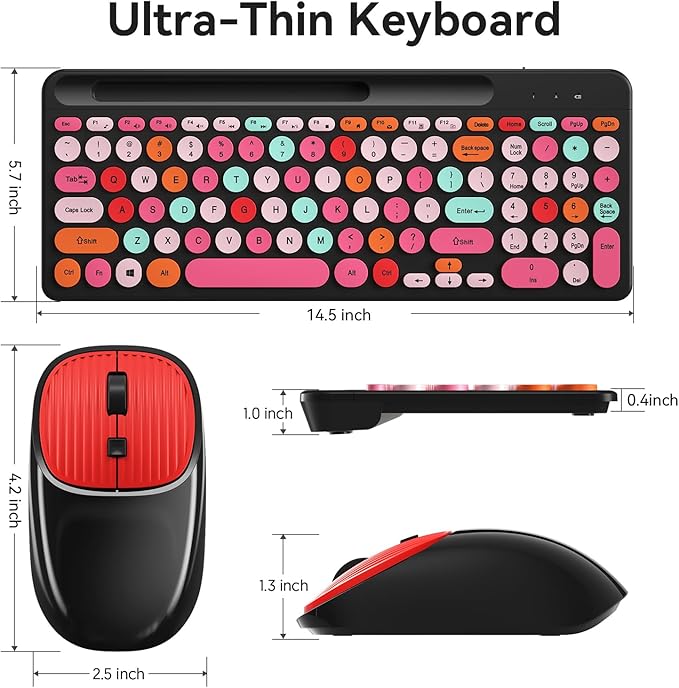 Retro Typewriter Wireless Keyboard with Round Keycaps, 2.4GHz Compact USB Cute Wireless Keyboard and Mouse Combo for Desktop, Laptop and Computer