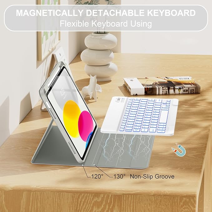 Soke for iPad (A16) 11th/10th Generation Case with Keyboard(2025/2022)-7 Color Backlight Wireless Detachable Folio Keyboard Cover with Built-in Pencil Holder for iPad 11/10.9 inch, Grey Marble