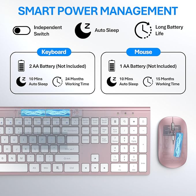 Wireless Keyboard and Mouse Combo, Full Size Keyboard and Mouse, Long Battery Life, Optical Mouse, 2.4G Lag-Free Cordless Mice Keyboard Set Ultra Slim Design for Computer, Laptop, PC, Windows (Pink)