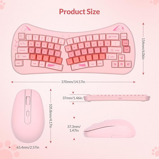 Cute Cat Keyboard and Mouse Wireless, Cat Theme, Silent Keys, Pinkish Colors, Ergnomic Split Keyboard and Optical Mouse with 2.4G USB Receiver, for Windows/Mac/PC/Laptop