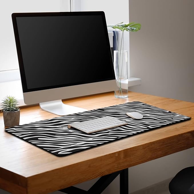 Desk Mouse Pad Black and White, Gaming Pad Big Mouse Pads, Ga Mouse Pad Non-Slip Rubber Base Waterproof with Stitched Edges, 35.4 X 15.7 inch for Work/Game/Office Trendy Zebra Skin Pattern