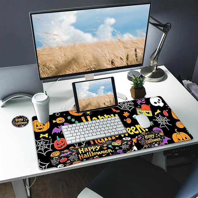 Large Mouse pad and Keyboard Support Set, Ergonomic Memory Foam Keyboard Wrist Rest, Extended Gaming Mouse Pad with Stitched Edges, Halloween Skull Bat XXL Desk Mat (31.5 X 11.8 in)