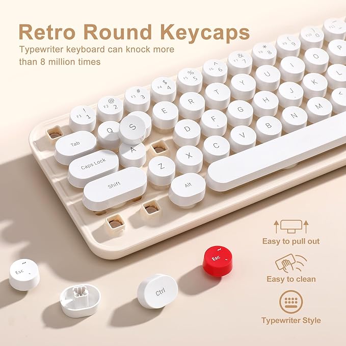 i68 Wireless Keyboard and Mouse Combo, Retro Typewriter Style Keyboard with Round Keycaps, 2.4GHz Connection with Computer PC Desktops Laptop WindowsxP/7/8/10 (Yellow)