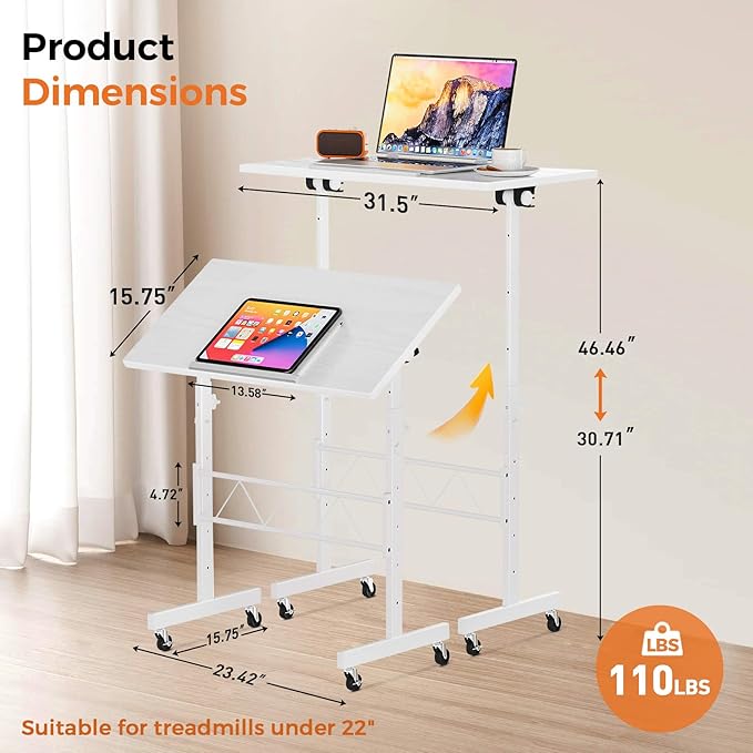 GTPLAYER Standing Desk Adjustable Height & Tiltable Tabletop, 32 Inch Portable Desk for Home Office Stand Up Work and Walking Pad Treadmill, Small Mobile Computer Table for Laptop, White