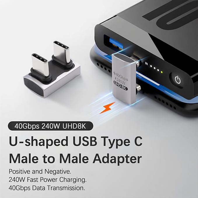 Duttek 180 Degree USB C to USB C Adapter 240W PD, 40Gbps Data & 8K Video, U Shape Type C Male to Male Adapter for Thunderbolt 4/3,Switch, Laptop, Tablet, Phone 1Pack