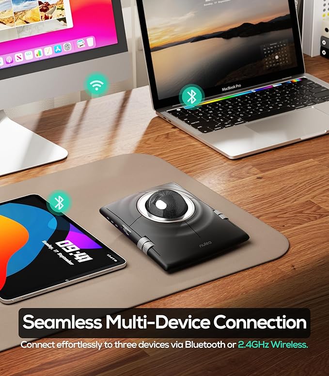 Nulea M512 Wireless Trackball Mouse, Ergonomic 55mm Trackball, Adjustable DPI for Precise Control, Left or Right Hand Compatible, Rechargeable, Multi-Device Bluetooth & 2.4GHz for PC, Laptop（Black）