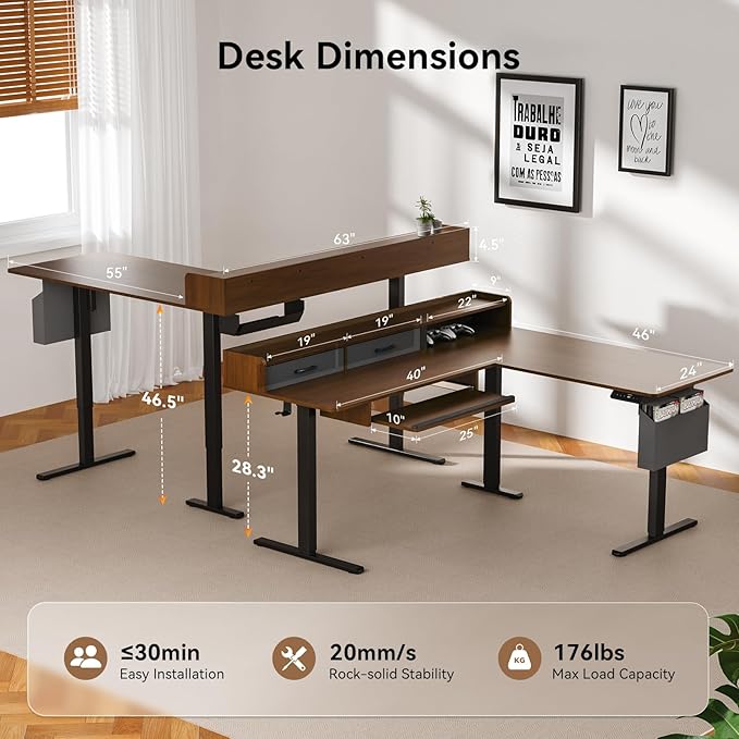 63 Inches Height Adjustable L Shaped Standing Desk with 2 Drawers and Keyboard Tray, Electric Sit to Stand Home Office Comupter Table, Ergonomic Corner Gaming Desk, Black Walnut