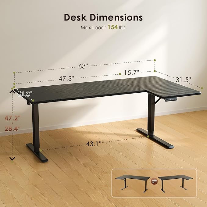 OffiGo Electric L Shaped Standing Desk, 63 Inches Height Adjustable Table, Reversiable Corner Stand Up Desk, Lifting Computer Table for Home Office, Computer Workstation, Carbon Fiber Black