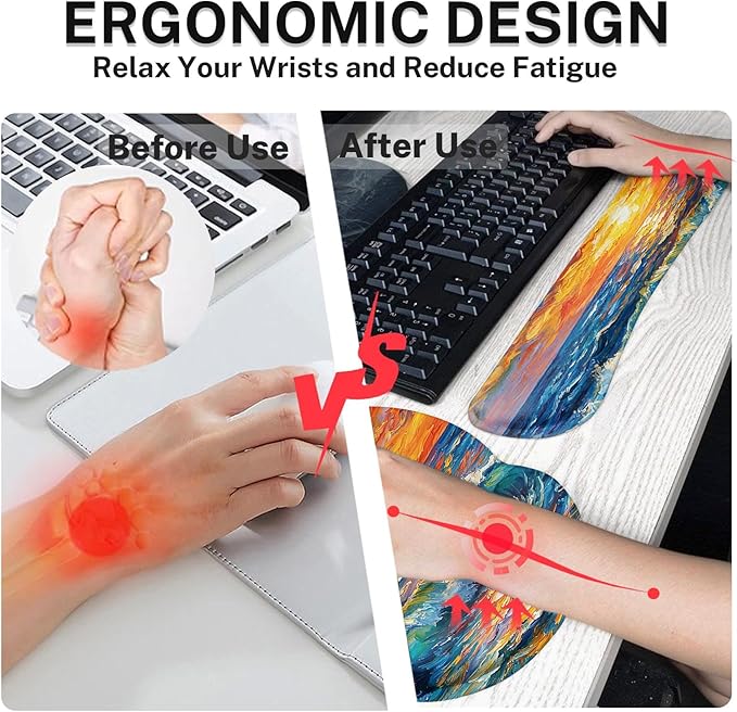 Arttown Abstract Ocean Sun Desk Mat Blue Mouse Pad Set 4 in 1 Ergonomic Design Large Mouse Pad + Keyboard Wrist Rest + Mouse Wrist Rest + Coaster Suitable for Home Office Study Game