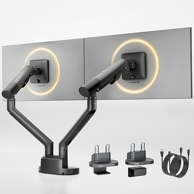 monTEK Dual Monitor Stand Mount with USB for Up to 35" Screens, Each Arm Holds Max 24.3lbs, Full Motion Adjustable Monitor Arm Desk Mount with C-Clamp/Grommet, VESA 75/100mm, Space Gray
