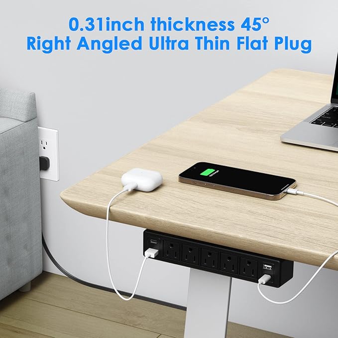 40W Under Desk Power Strip Mountable,20W USB-C Fast Charging Flat Plug Power Strip Surge Protector 1200J,9 in 1 Desk Outlet,5 Outlets,2 USB-C,2 USB-A,10FT Extension Cord Black