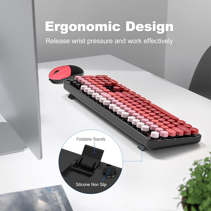 Wireless Keyboard and Mouse Combo, MOWUX Full Size Typewriter Retro Round Computer Keyboard, Cute Optical Mouse Wireless, Plug and Play, for Laptop, PC, Computer- Black Red Gradient