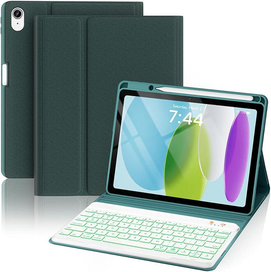 OYEEICE for iPad 11th (A16) &10th Generation Case with Keyboard - 7 Color Backlit Wireless Detachable Folio Keyboard Cover with Pencil Holder for iPad 11 inch A16 2025 10th Gen 10.9'' 2022 - Teal