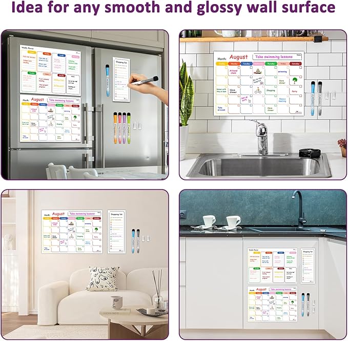3-Piece Re-stickable Whiteboard Planner Set, Dry Erase Monthly Calendar, Weekly Planner, Shopping List, and 6 Colorful Markers with Erasers, Fridge or Wall Organizer and Scheduler for Home or Office