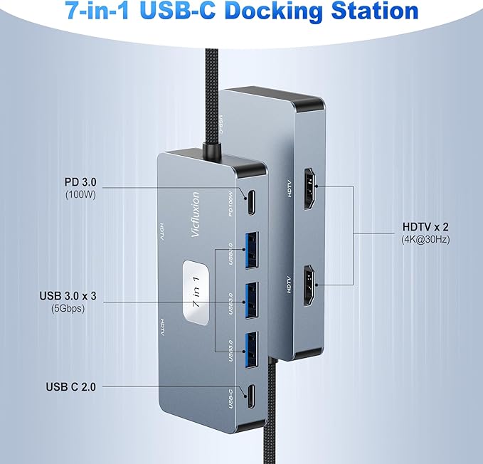 7-in-1 USB C Docking Station Dual Monitor, USB-C Hub with 2 HDMI Ports, 3 USB 3.0, 1 Type-C Data Port, 100W PD, Compatible with MacBook, Dell, HP, Lenovo, Surface