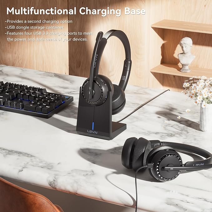 LEVN Wireless Headset, Wireless Headset with Mic for Work, (Noise Cancelling & Mute Button), Bluetooth Headset with Microphone from Home/Office/PC/Call Center/Computer/Laptop/Teams/Zoom (Black)
