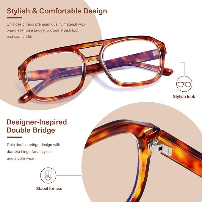 Madison Avenue Retro Aviator Blue Light Blocking Glasses for Women Men with Case, Trendy Rectangle Computer Eyeglasses