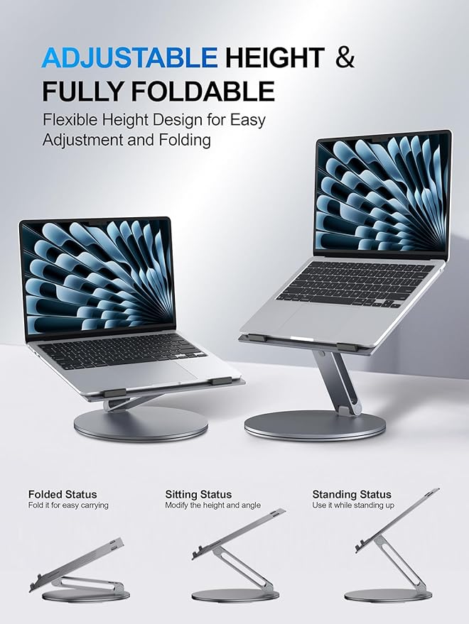 Adjustable Laptop Stand for Desk - 360° Rotating Ergonomic Riser with Aluminum Cooling Vents & Sturdy Construction for 10-16 Inch MacBook Pro/Air, Foldable Portable for Office & Home - Gray