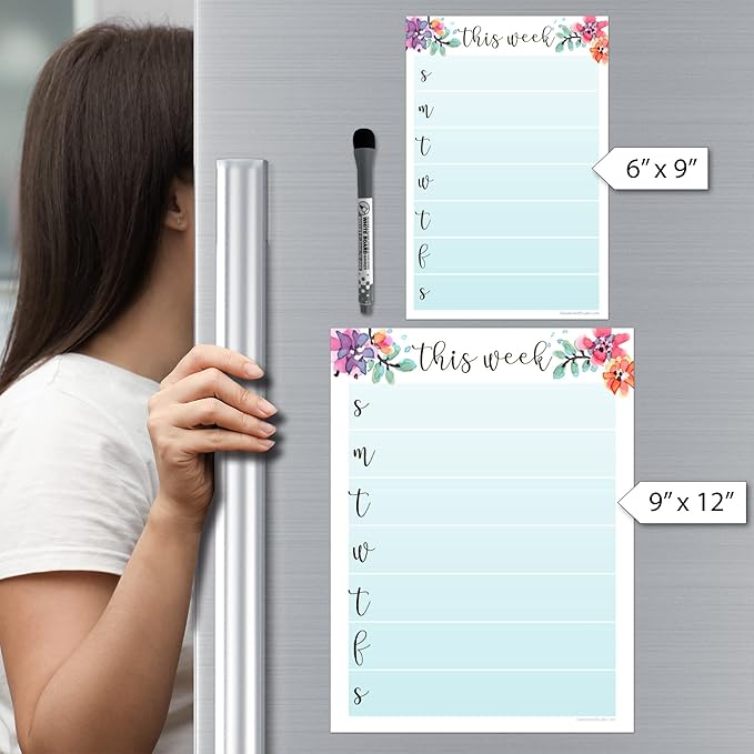 Dry Erase Weekly Calendar Planner Sticker Decal | Removable & Reusable | Magnetic Fine-Tip Marker Included (9 x 12 inches, Floral)