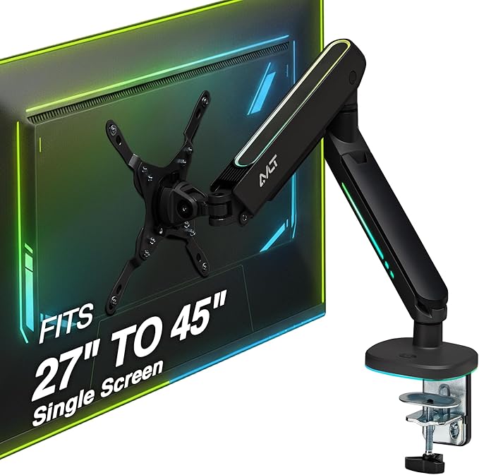 AVLT Single 27”-45” RGB Gaming Monitor Arm Desk Mount Built-in 20 Lighting Modes Touch Button Control Fits Flat/Curved/Ultrawide Screen Height Swivel Tilt Rotation Adjustable Stand -Black