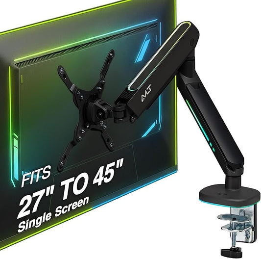AVLT Single 27”-45” RGB Gaming Monitor Arm Desk Mount Built-in 20 Lighting Modes Touch Button Control Fits Flat/Curved/Ultrawide Screen Height Swivel Tilt Rotation Adjustable Stand -Black